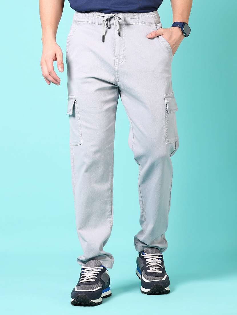 men mid rise solid denim cargo