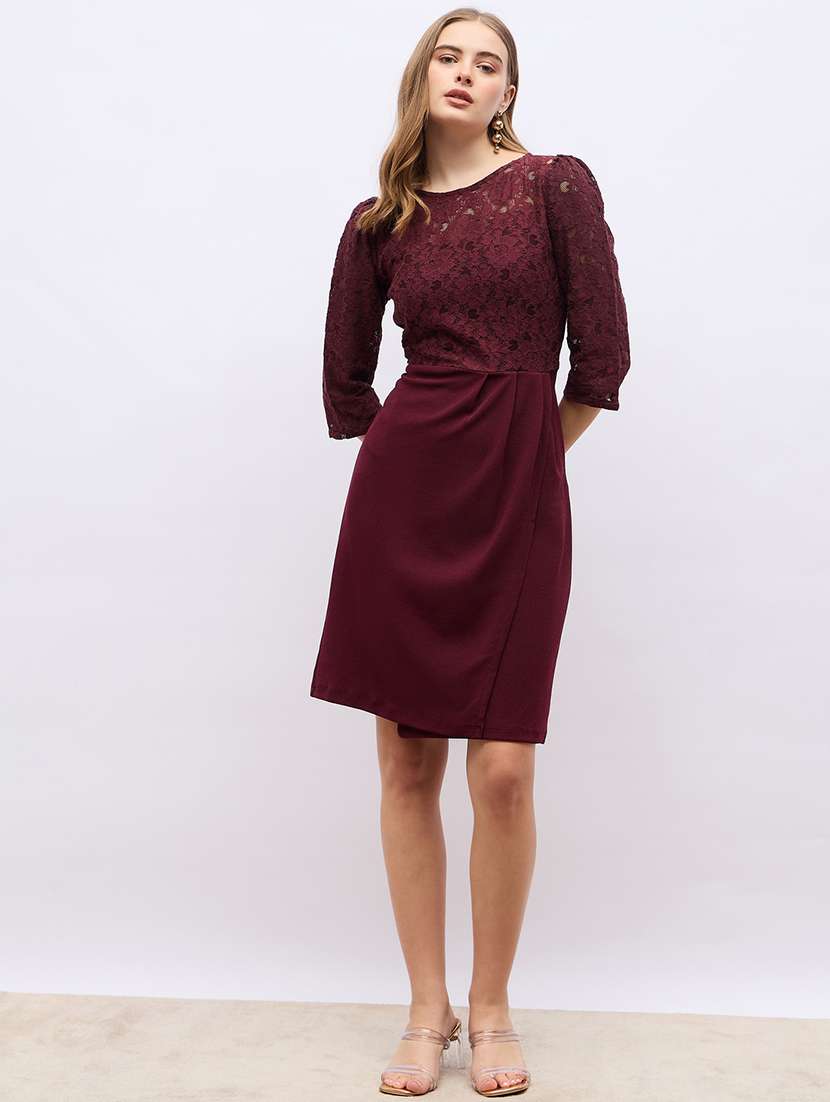 women maroon lace detailed a-line party wear dress
