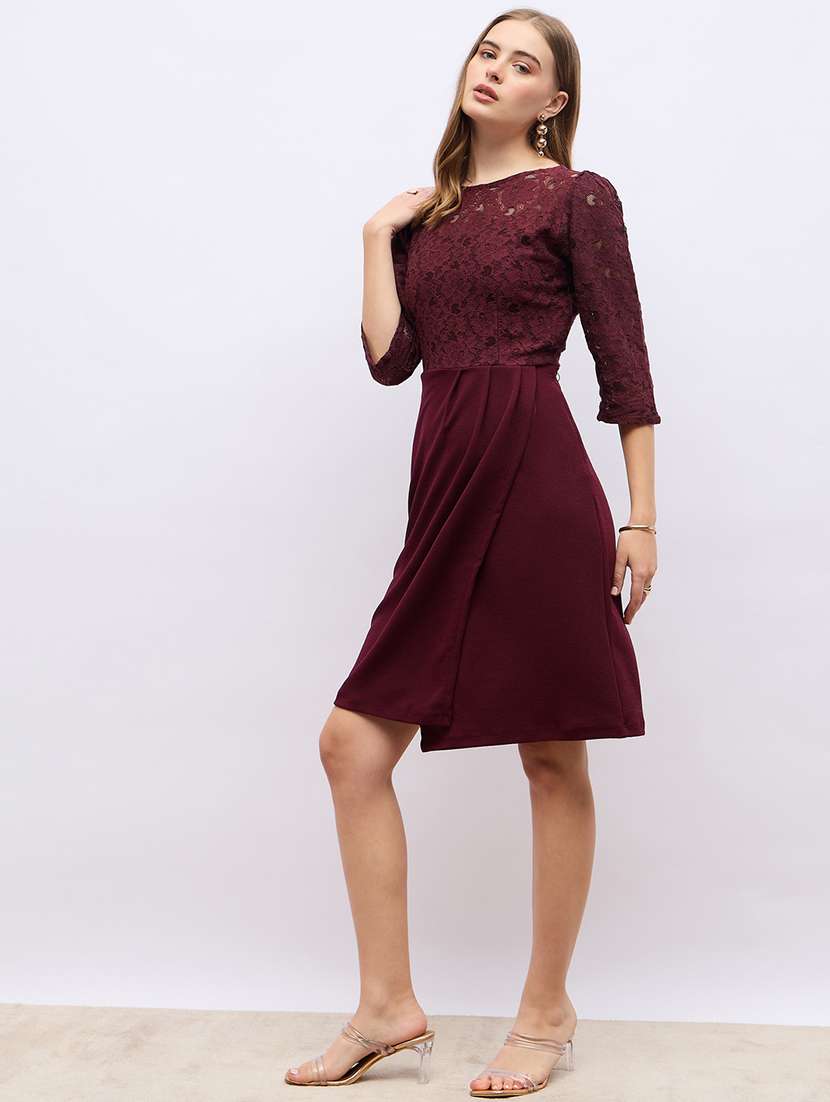 women maroon lace detailed a-line party wear dress - 21703982 -  Standard Image - 2