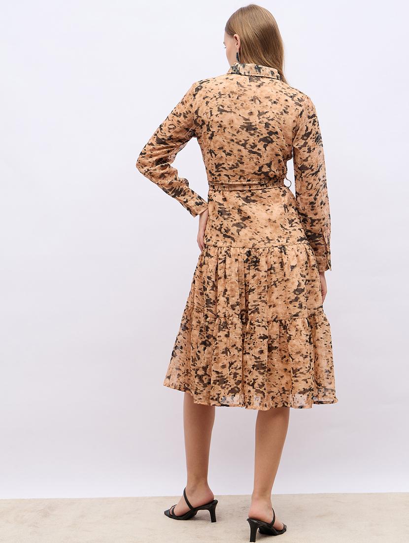 women beige abstract printed long sleeve tiered dress - 21703983 - Standard Image - 2