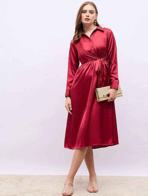 women red solid long sleeve wrap dress - 21703985 -  Standard Image - 0