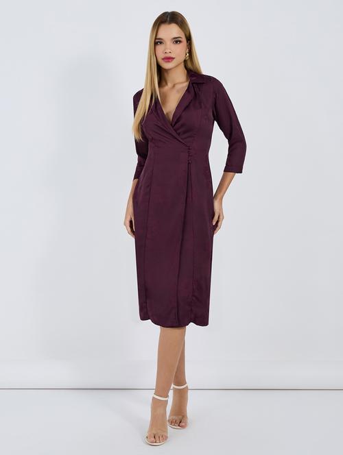 women purple solid lapel collar neck wrap dress - 21703989 - Standard Image - 0