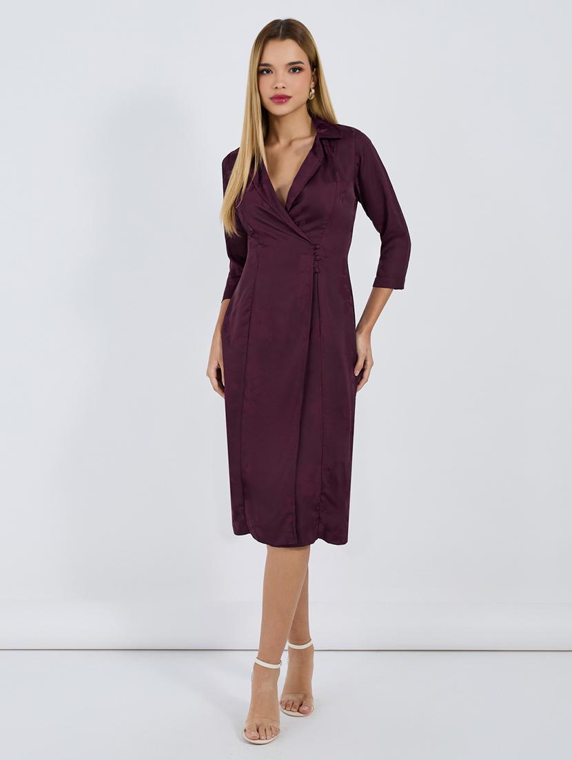 women purple solid lapel collar neck wrap dress - 21703989 - Zoom Image - 0