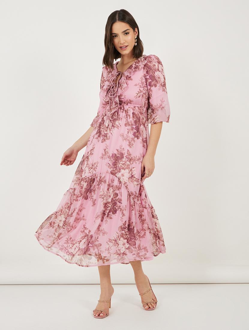 women floral printed tie-up neck tiered dress - 21703999 - Zoom Image - 0