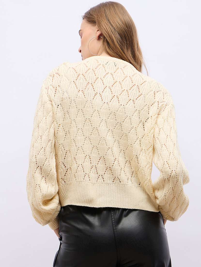 women cream self design long sleeve cardigans - 21704012 -  Standard Image - 2