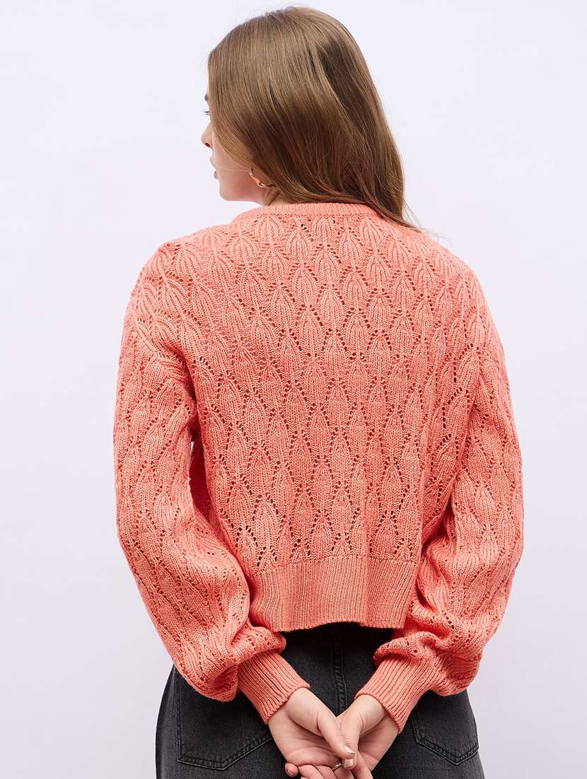 women orange self design long sleeve cardigans - 21704013 - Standard Image - 2