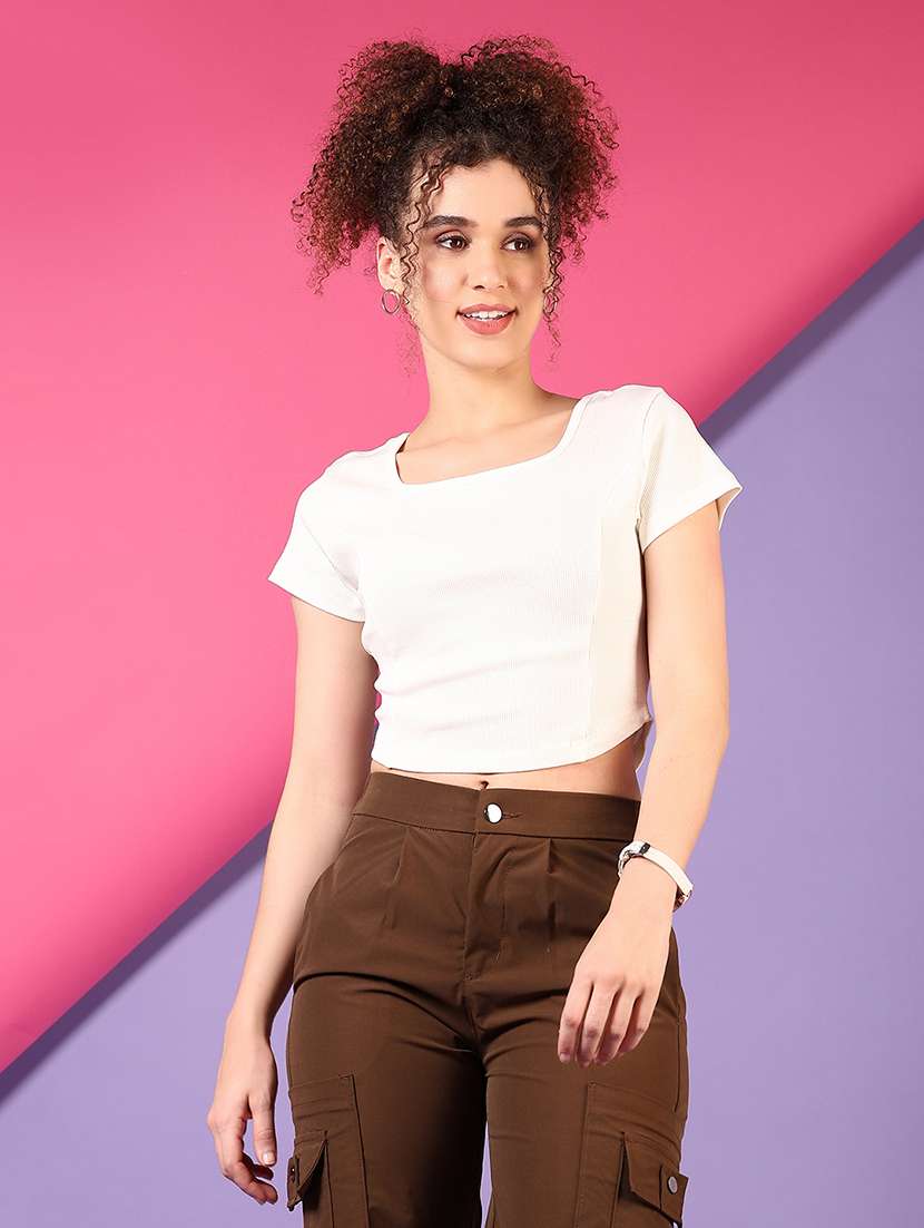 women solid short sleeves crop top