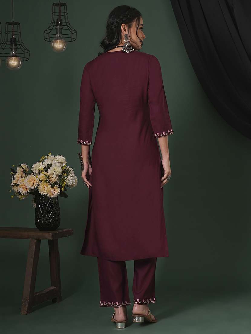 globus women purple embroidered yoke calf length straight kurta & pants ethnic set - 21704431 -  Standard Image - 2