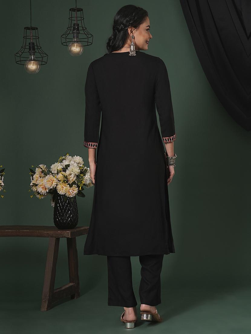 globus women black sequinned embroidered yoke calf length straight kurta & pants ethnic set - 21704432 - Standard Image - 2