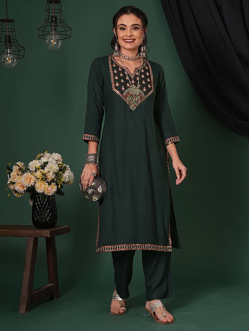 globus women teal sequinned embroidered yoke calf length straight kurta & pants ethnic set