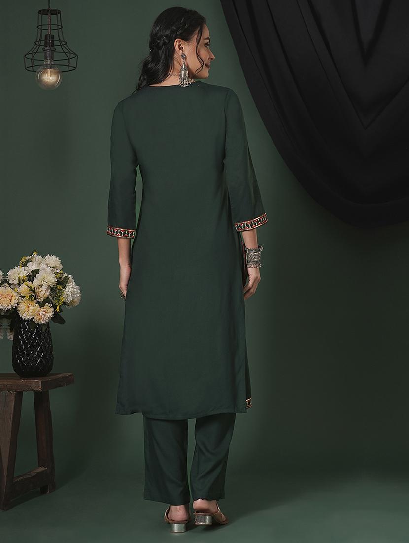 globus women teal sequinned embroidered yoke calf length straight kurta & pants ethnic set - 21704433 - Standard Image - 2