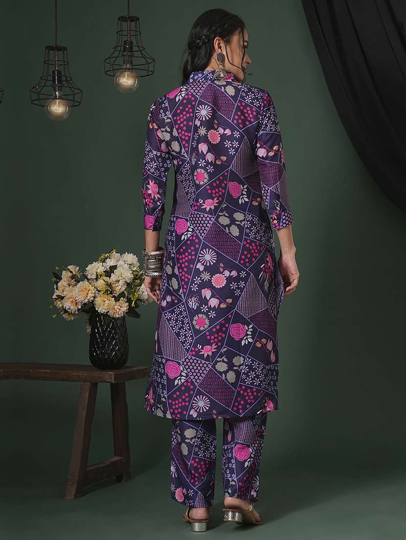 globus women purple abstract printed shirt collar calf length straight kurta & pants fusion set - 21704435 -  Standard Image - 2