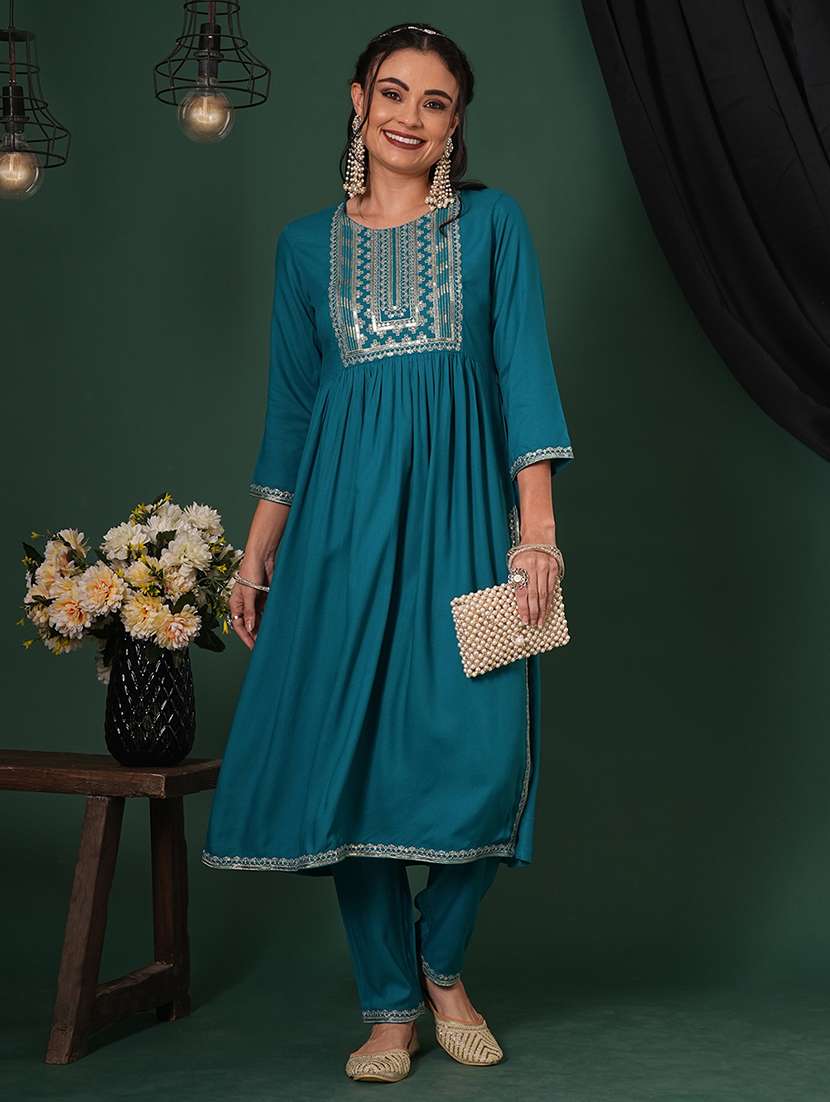 globus women teal zari & sequinned yoke gathered a-line kurta with straight pants festive set