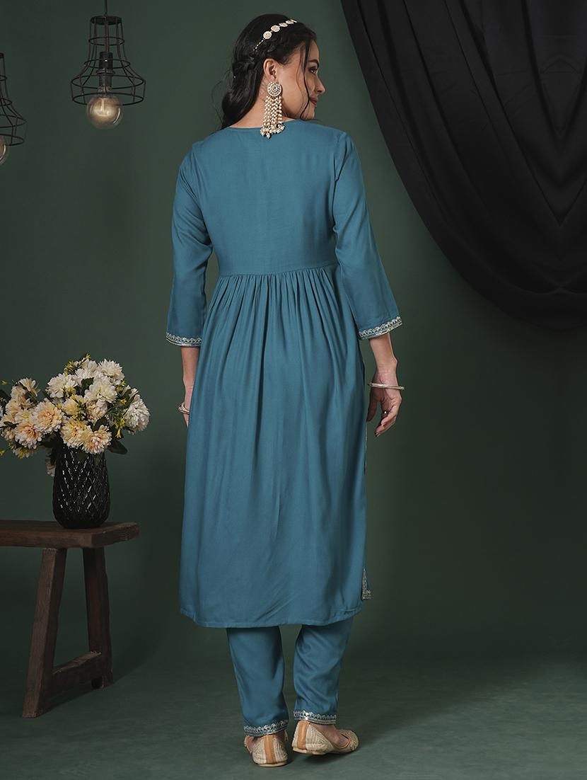 globus women teal zari & sequinned yoke gathered a-line kurta with straight pants festive set - 21704436 - Standard Image - 2