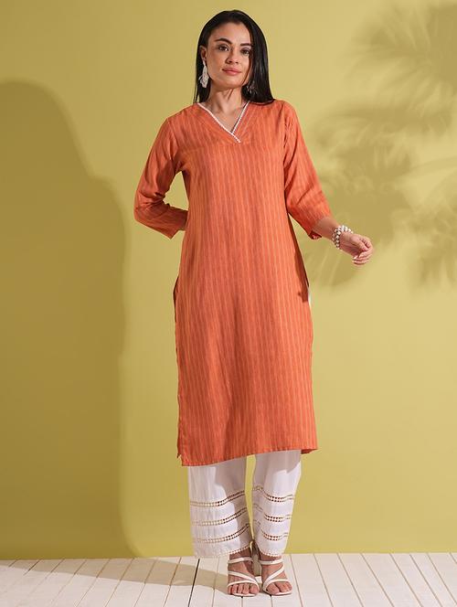 globus women rust lace insert v-neck striped woven design straight workwear kurta - 21704439 - Standard Image - 0