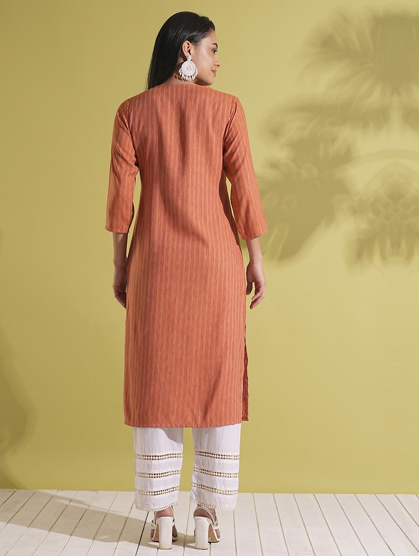 globus women rust lace insert v-neck striped woven design straight workwear kurta - 21704439 -  Standard Image - 2