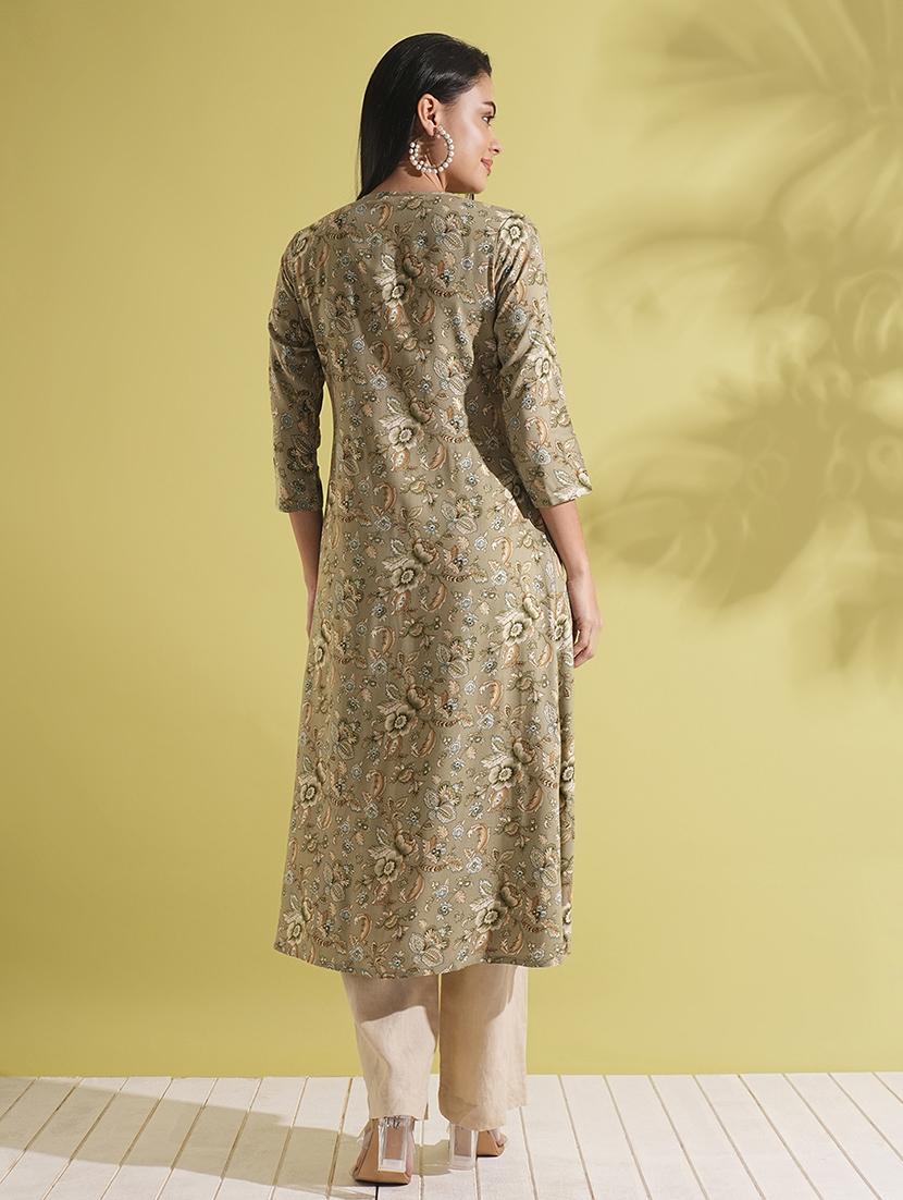 globus women green v-neck allover floral print front slit pleated a-line workwear kurta - 21704440 - Standard Image - 2