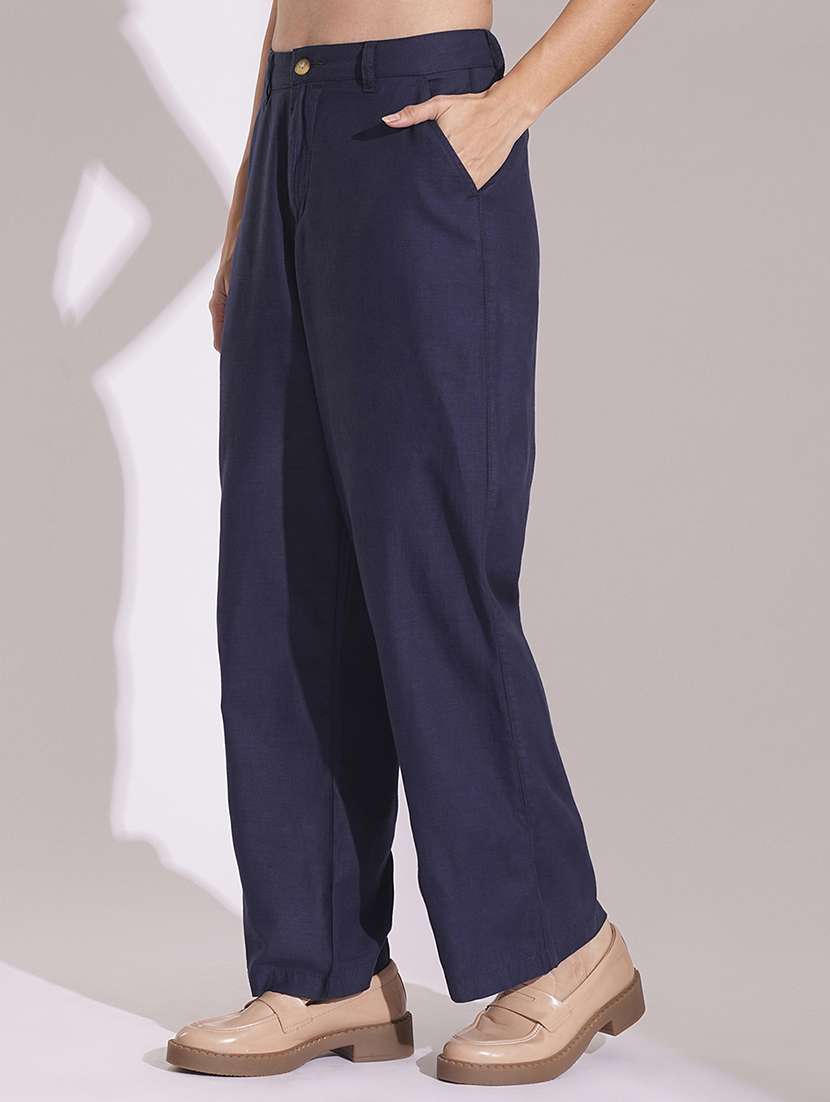 globus women navy cotton high-rise wide leg formal trousers - 21704449 -  Standard Image - 2