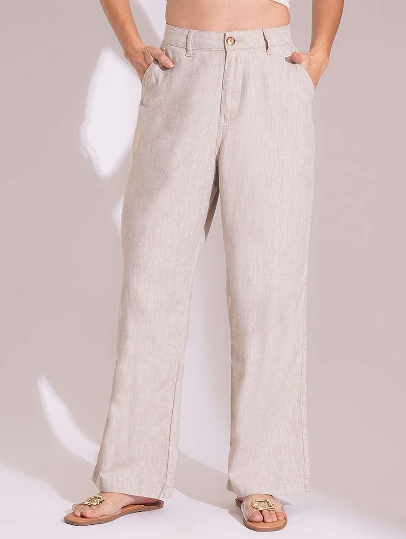 globus women natural cotton high-rise wide leg formal trousers