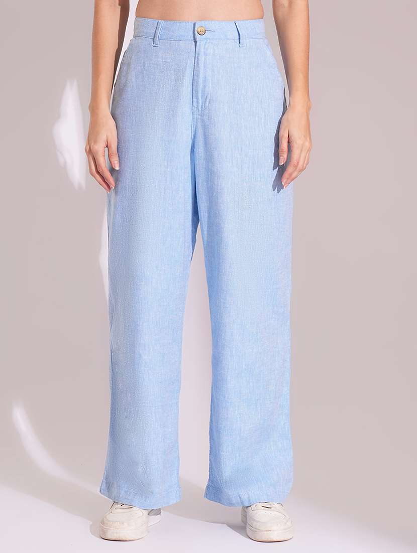 globus women light blue cotton high-rise wide leg formal trousers - 21704452 -  Zoom Image - 0