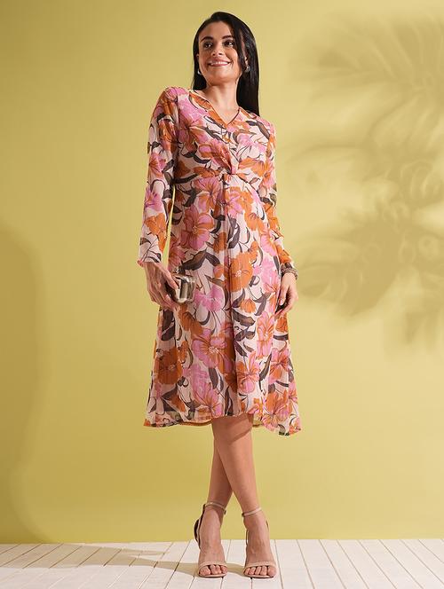 globus women multi-color floral print v-neck full sleeves twisted detail a-line midi dress - 21704453 -  Standard Image - 0