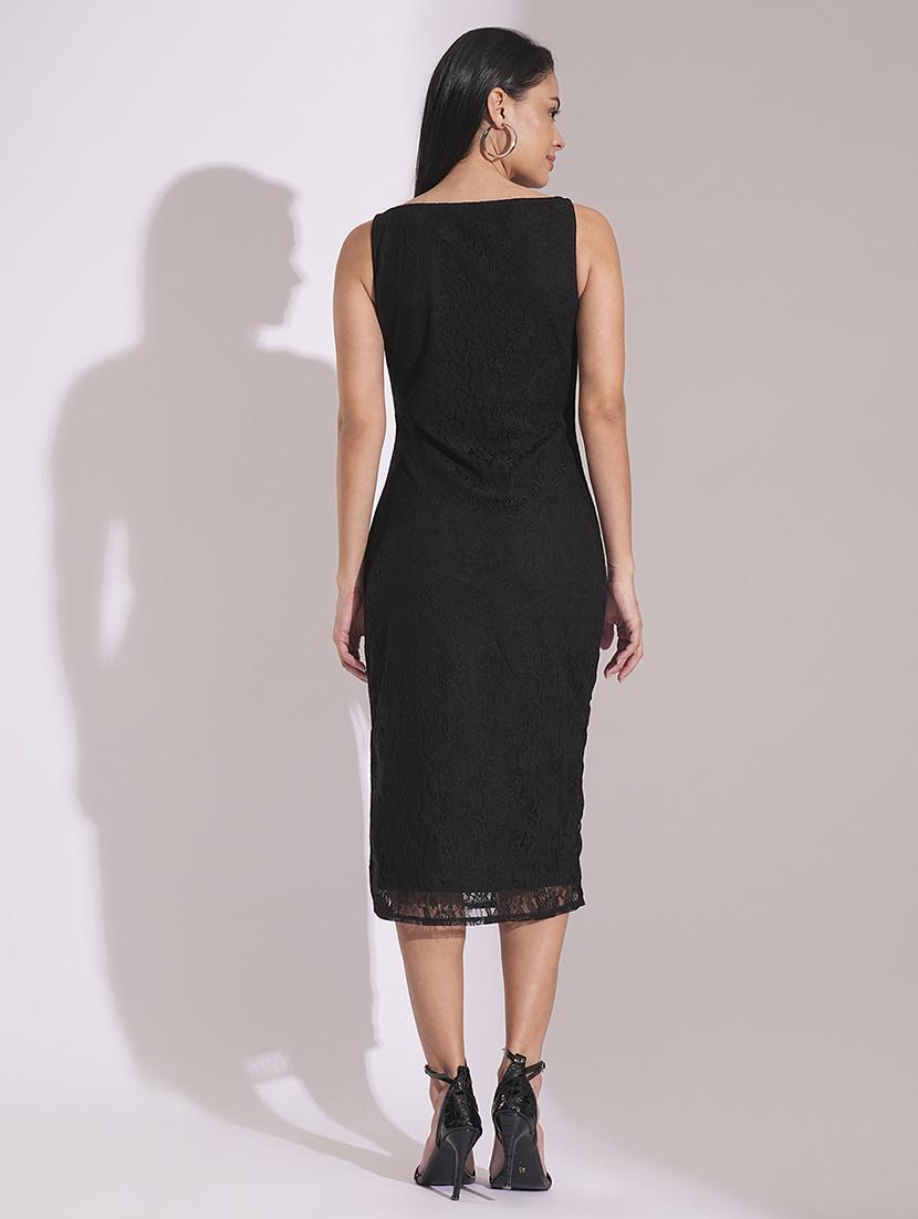 globus women black cowl neck metal shoulder straps side slits lace bodycon midi party dress - 21704456 - Standard Image - 2