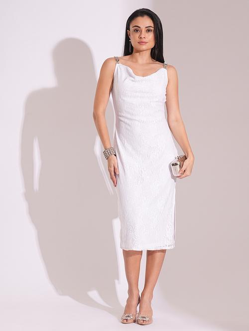 globus women white cowl neck metal shoulder straps side slits lace bodycon midi party dress - 21704457 -  Standard Image - 0