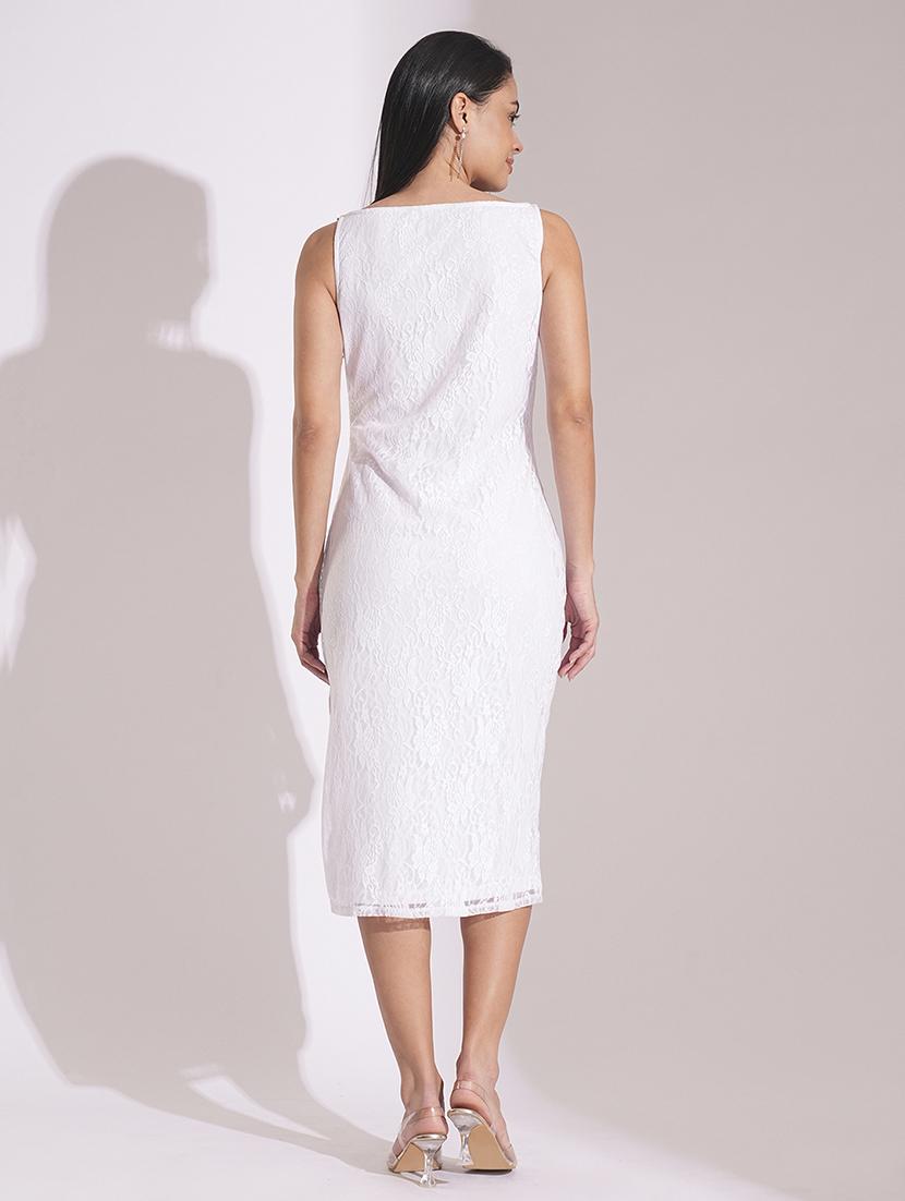 globus women white cowl neck metal shoulder straps side slits lace bodycon midi party dress - 21704457 - Standard Image - 2