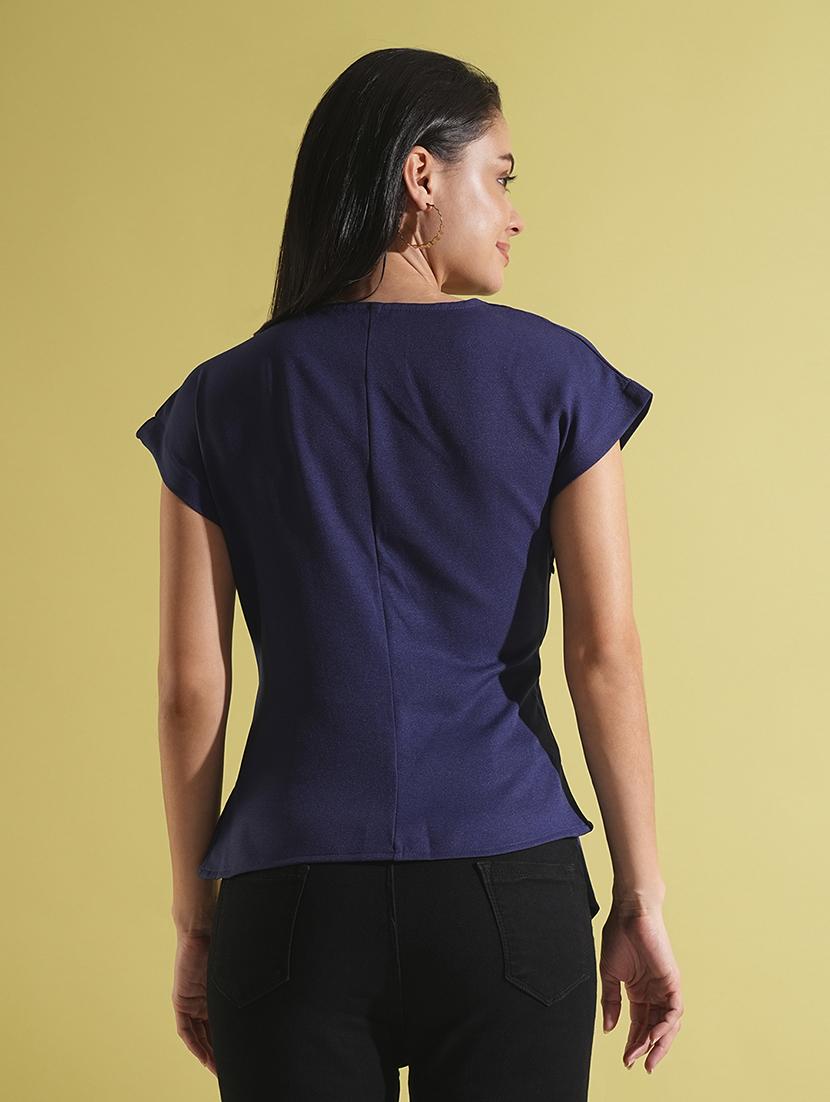globus women navy blue wrap v-neck extended sleeves twisted detail workwear top - 21704462 - Standard Image - 2