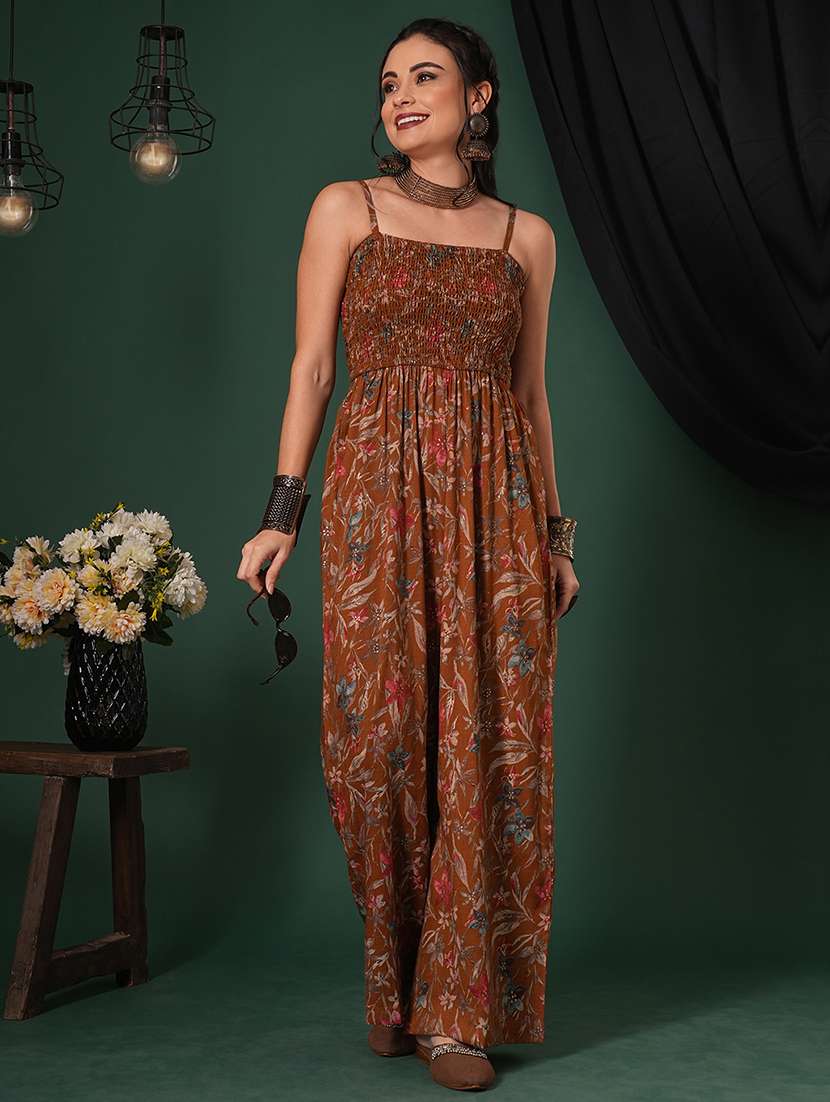 globus women mustard square neck adjustable strappy shoulder smocked floral print fusion jumpsuit