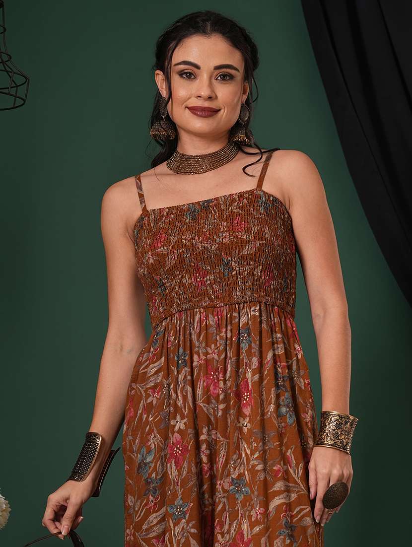 globus women mustard square neck adjustable strappy shoulder smocked floral print fusion jumpsuit - 21704471 -  Standard Image - 2