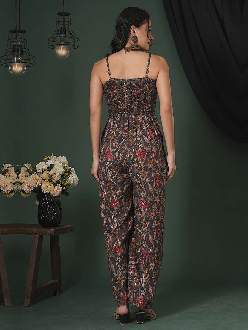globus women grey square neck adjustable strappy shoulder smocked floral print fusion jumpsuit - 21704472 -  Standard Image - 2