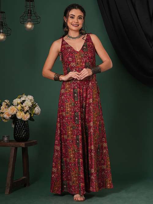 globus women maroon v-neck tassel tie-up shoulder straps ethnic floral print flared fusion jumpsuit - 21704473 -  Standard Image - 0