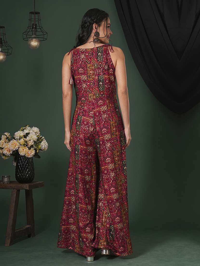 globus women maroon v-neck tassel tie-up shoulder straps ethnic floral print flared fusion jumpsuit - 21704473 - Standard Image - 2