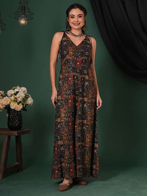 globus women blue v-neck tassel tie-up shoulder straps ethnic floral print flared fusion jumpsuit - 21704474 - Standard Image - 0