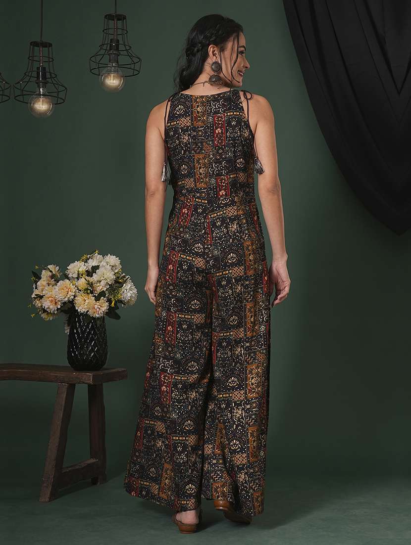 globus women blue v-neck tassel tie-up shoulder straps ethnic floral print flared fusion jumpsuit - 21704474 - Standard Image - 2
