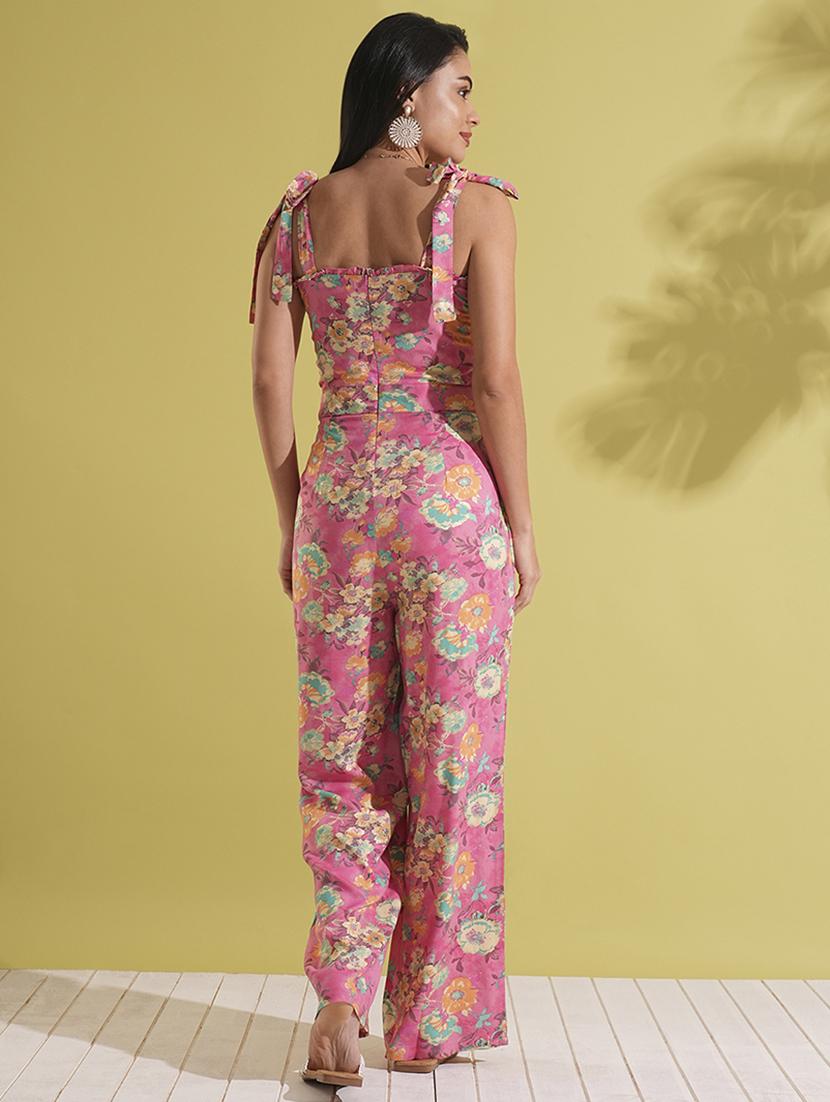 globus women pink frill detail sweetheart neck tie-up strappy shoulder floral print fusion jumpsuit - 21704475 - Standard Image - 2