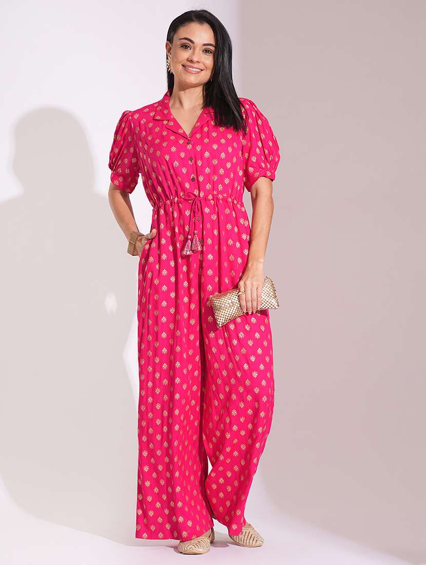 globus women pink notched lapel puff sleeves gold foil ethnic print waist tie-up tassel detail fusion jumpsuit