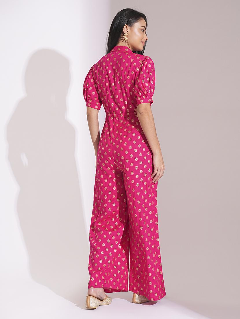 globus women pink notched lapel puff sleeves gold foil ethnic print waist tie-up tassel detail fusion jumpsuit - 21704477 - Standard Image - 2