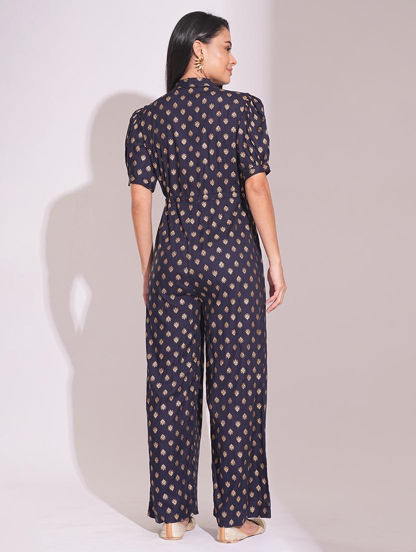 globus women blue notched lapel puff sleeves gold foil ethnic print waist tie-up tassel detail fusion jumpsuit - 21704478 - Standard Image - 2