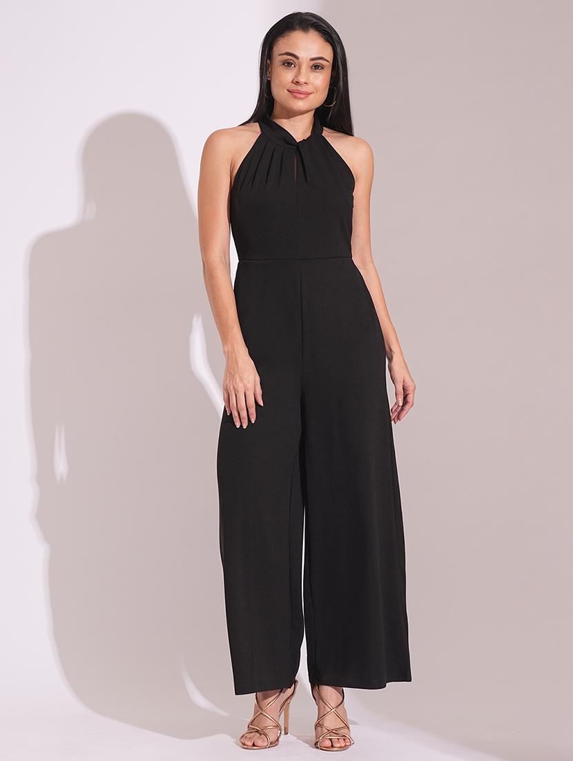 globus women black twisted pleated detail keyhole halter neck wide leg workwear jumpsuit - 21704479 -  Zoom Image - 0