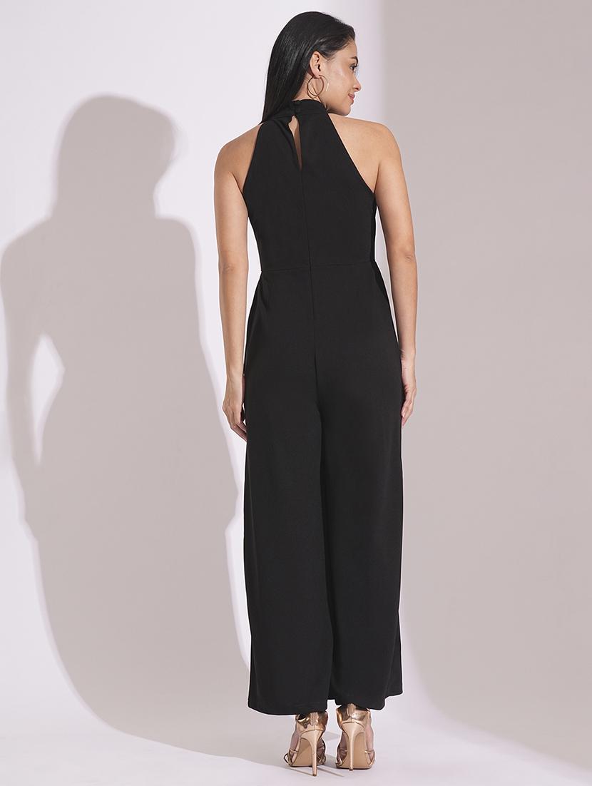 globus women black twisted pleated detail keyhole halter neck wide leg workwear jumpsuit - 21704479 - Standard Image - 2