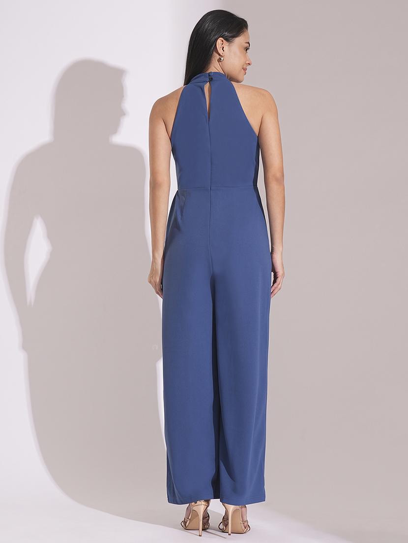 globus women blue twisted pleated detail keyhole halter neck wide leg workwear jumpsuit - 21704480 - Standard Image - 2