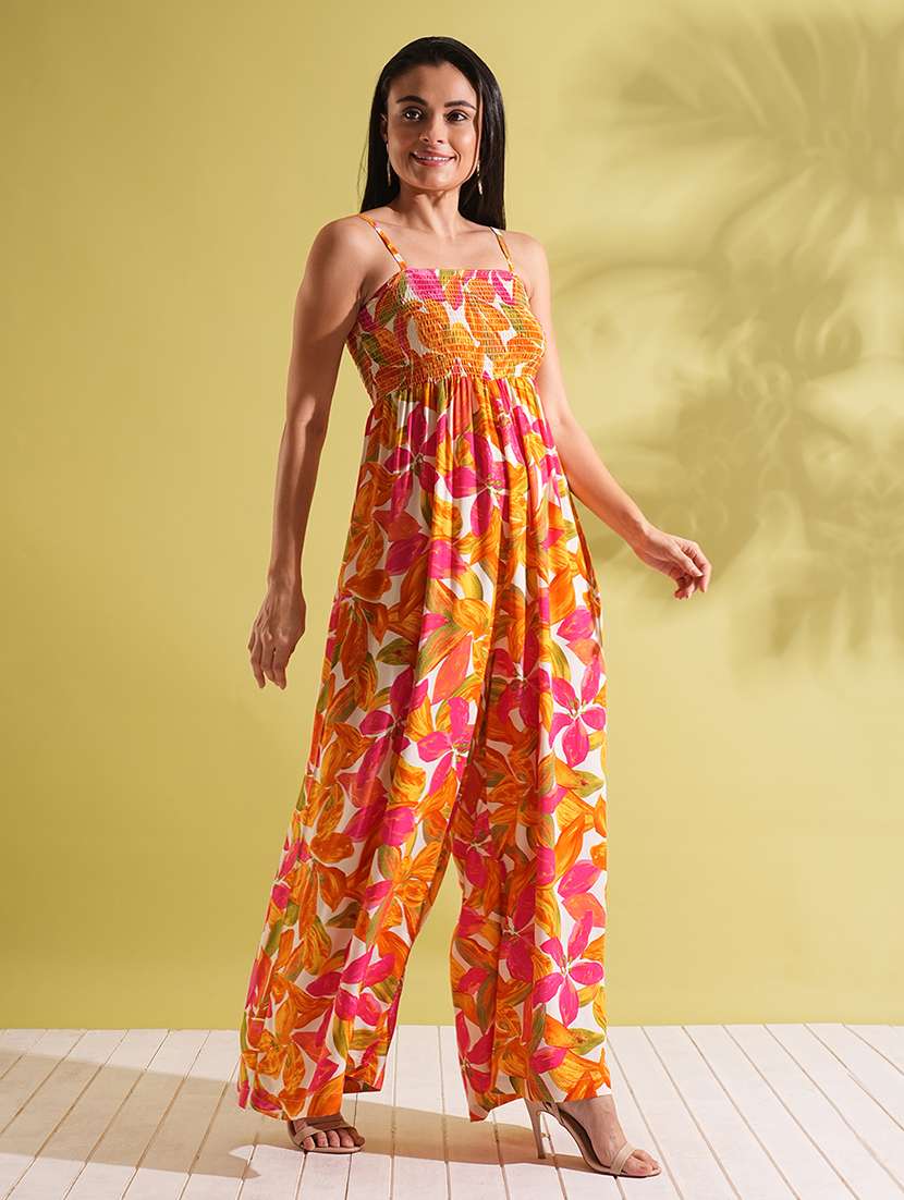 globus women multi-color square neck adjustable strappy shoulder smocked floral print wide leg jumpsuit