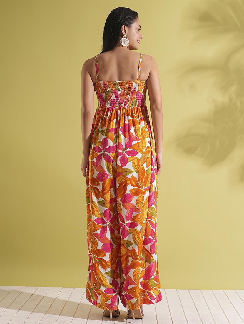 globus women multi-color square neck adjustable strappy shoulder smocked floral print wide leg jumpsuit - 21704481 - Standard Image - 2