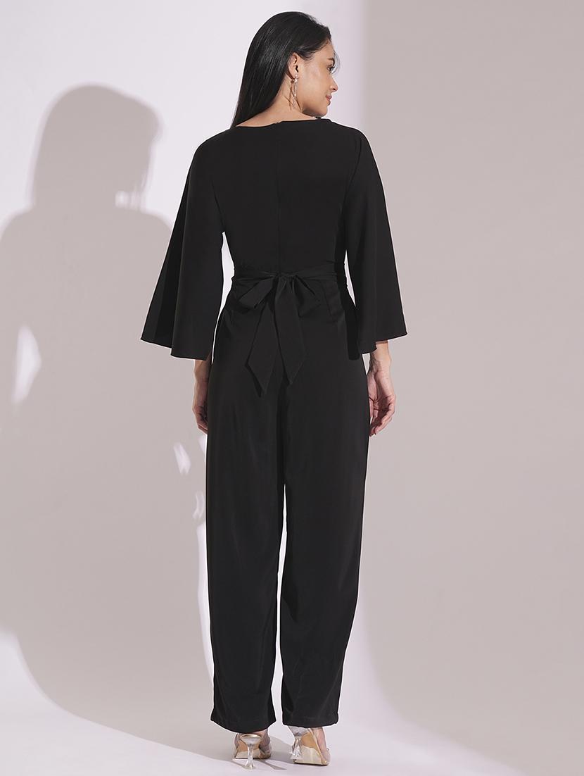 globus women black boat neck cape sleeves criss cross waist tie-up detail satin party jumpsuit - 21704483 - Standard Image - 2