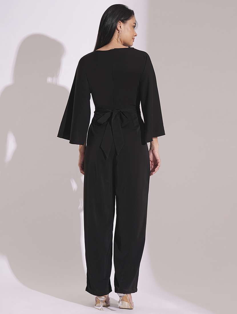 globus women black boat neck cape sleeves criss cross waist tie-up detail satin party jumpsuit - 21704483 -  Standard Image - 2