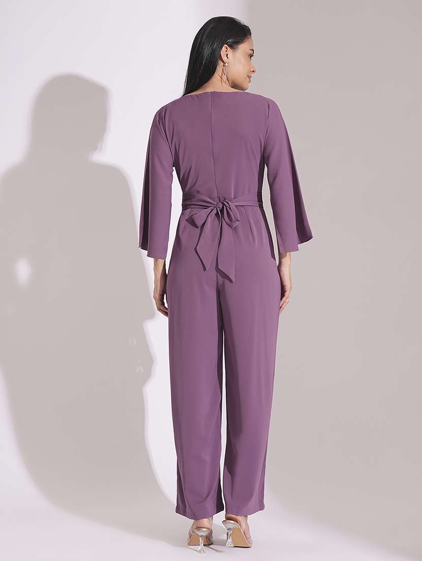 globus women purple boat neck cape sleeves criss cross waist tie-up detail satin party jumpsuit - 21704484 -  Standard Image - 2