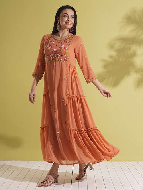 globus women orange floral embroidered yoke georgette tiered a-line maxi fusion dress - 21704486 - Standard Image - 0