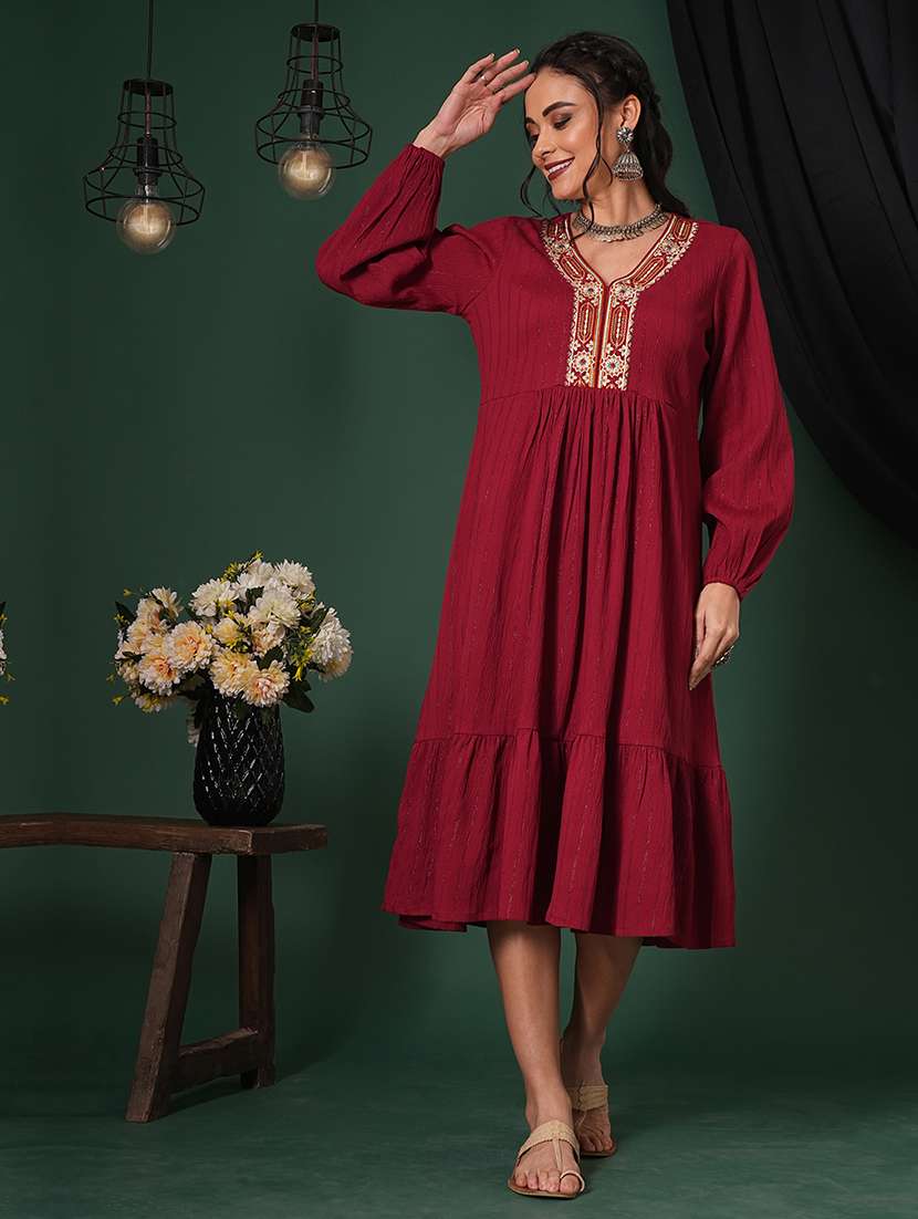 glob women maroon embroidered v-neck bishop sleeves shimmer tiered a-line midi festive dress